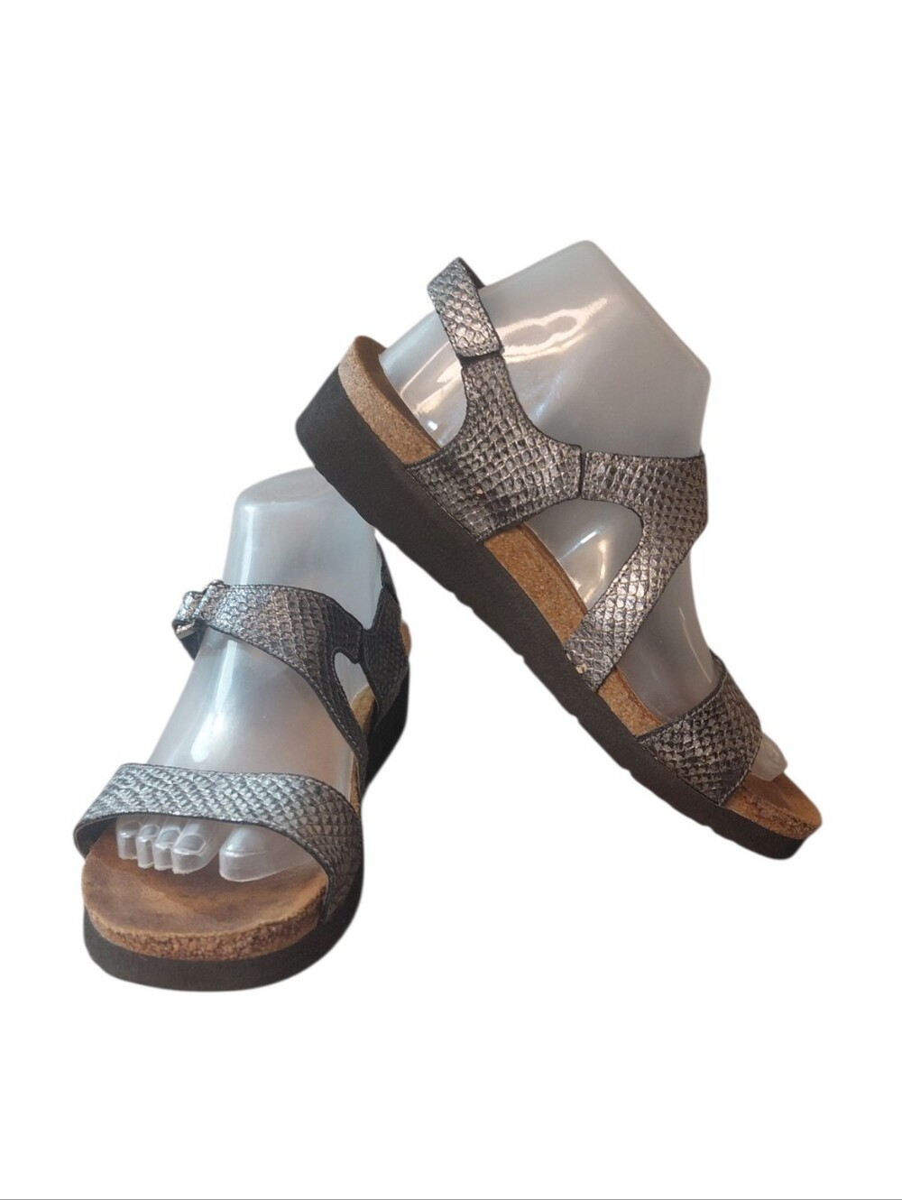 Naot Metallic Gray Snakeskin Rhinestone Strappy Cork Footbed Sandals 8.5